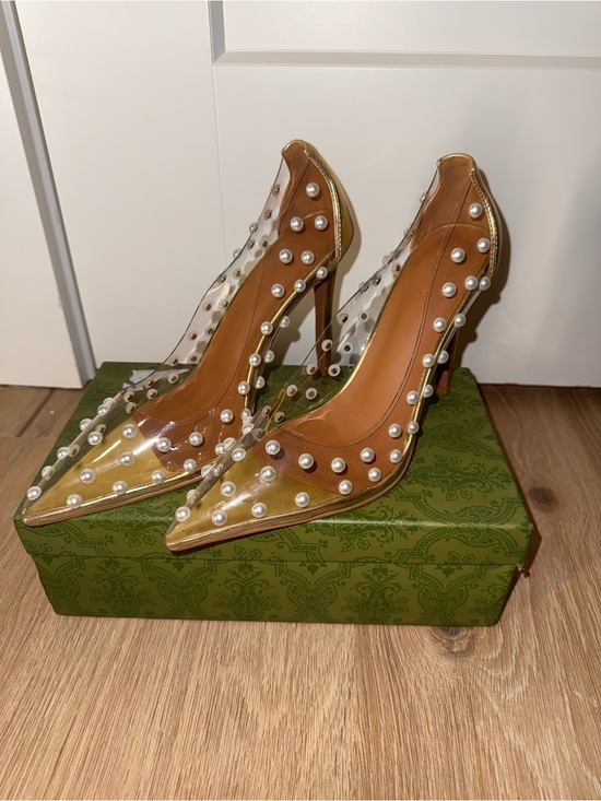 Tadore Shoes - Tadore Pearl Embellished Clear PVC Gold Pointed Toe Pumps Heels Size 8.5
